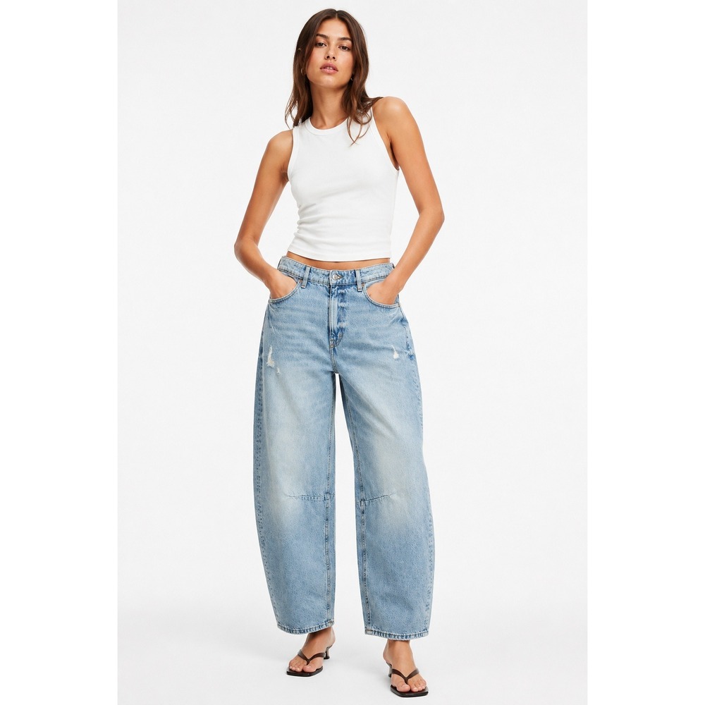 HM Women Light Wash Distressed Barrel Leg Jeans High Waist Size 8 NWT